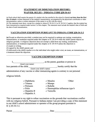 Religious Vaccine Exemption Form